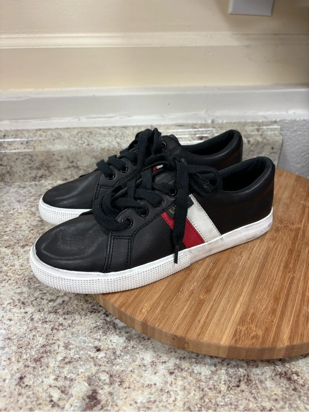 Lauren Ralph Lauren women’s 7.5 black stripe athletic lace up sneaker shoes